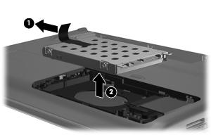 10. Træk harddisktappen mod venstre (1), og løft derefter harddisken ud af computeren (2). Sådan installeres en harddisk: 1.