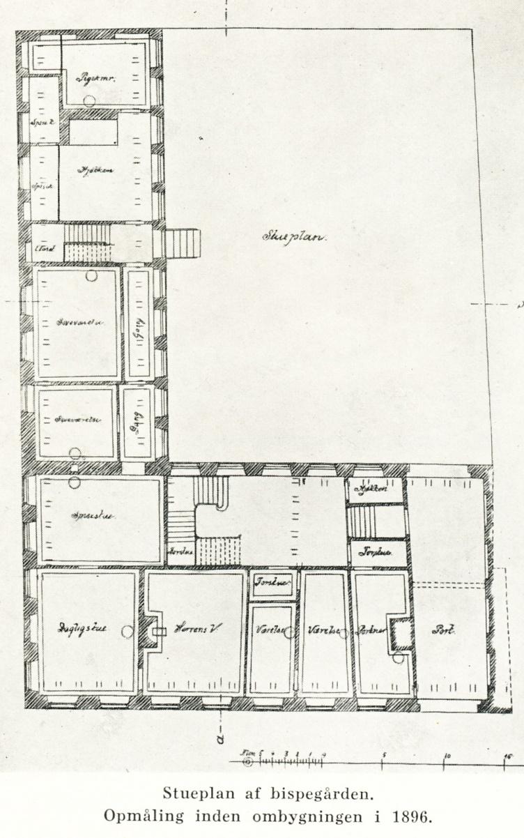 Fig. 5 Bispegården: opmåling af bygningens stueplan før ombygningen i 1896.