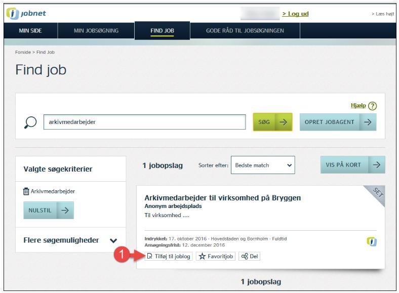 2. Søgeresultatet i Find job: Klik på for at oprette en ny joblog direkte fra søgeresultatet