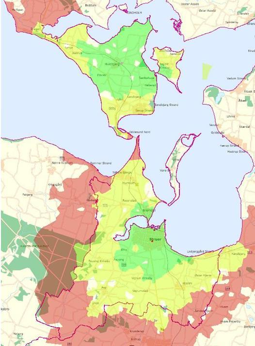 Struer kommunes responsområder Ingen ændring i responstid for indsats i forhold til før 1/1-2016 De grønne områder indenfor 10 min De gule
