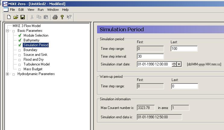 Under Simulation Period vælges: - Tidsskridt for modellen og simuleringsperiode (Starttidspunktet angives ved dato/klokkeslæt og sluttidspunkt angives som et antal af tidsskridt (eks.