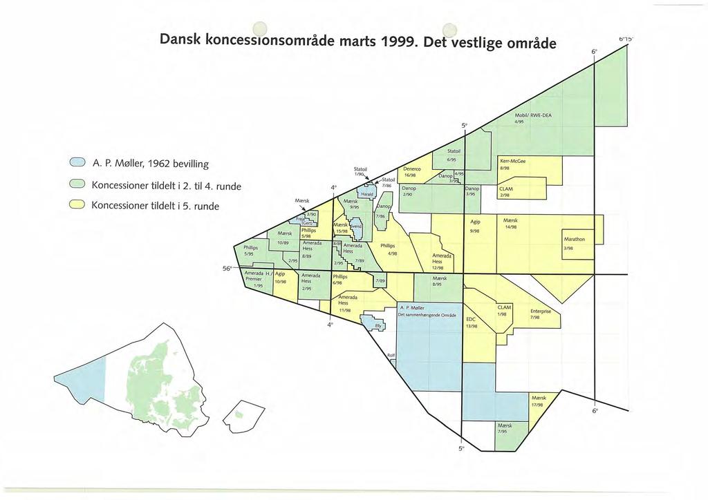 Dansk koncessi onsområde marts 1999. Det--vestlige område bu'f')' 4/95 O O O A P.