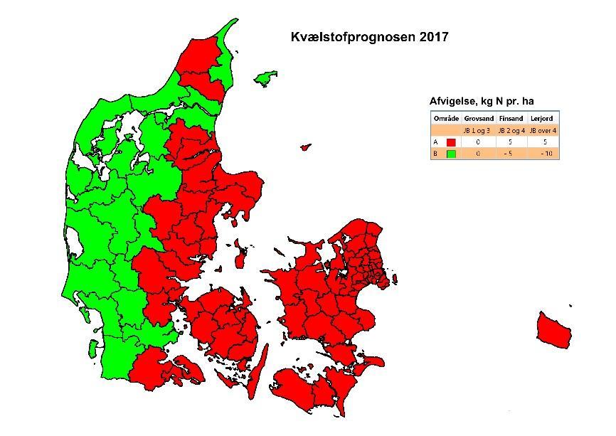 områder: A og B. I område A (rødt på illustrationen) har nedbøren ligget 92 mm under gennemsnittet for de sidste 10 år. I område B (grønt) ligger nedbøren 179 mm under gennemsnittet.