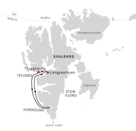 21.00 Møde med guiderne Dagsprogram - Hornsund, Isfjorden og Longyearbyen Dag 1: Arktis eventyrets begyndelse Vi flyver fra Kastrup til Longyearbyen og ankommer kl. 14.00. Vi bliver hentet i lufthavnen af en bus og kørt ned til Hurtigrutens skib MS Nordstjernen i Longyearbyen, Svalbards historiske "hovedstad".