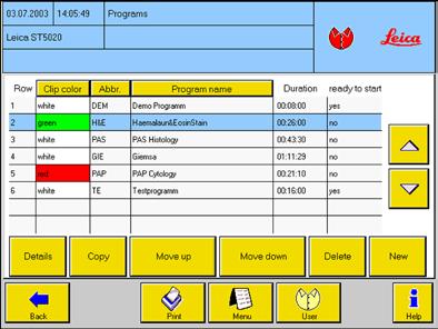5. Arbejdsområde 5.6 Farvningsprogrammer Menuen PROGRAMS viser en tabel, som alle de gemte farvningsprogrammer anføres i. I Administrator-mode (fig. 54) vises spalteoverskrifterne CLIP COLOR, ABBR.