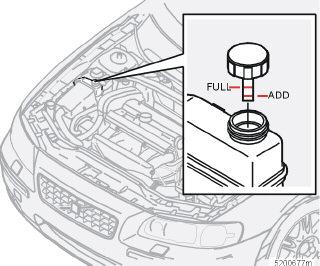 Beholder for servostyringsolie Placering afhængig af, om der er tale om venstre- eller højrestyret variant Bremse- og koblingsvæsken har fælles beholder. Væsken skal stå mellem MIN- og MAX-mærkerne.