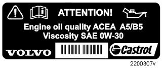 11 Specifikationer Motorolie 11 Olieskilt Når dette olieskilt findes i bilens motorrum, gælder nedenstående. Placeringen fremgår af side 242.