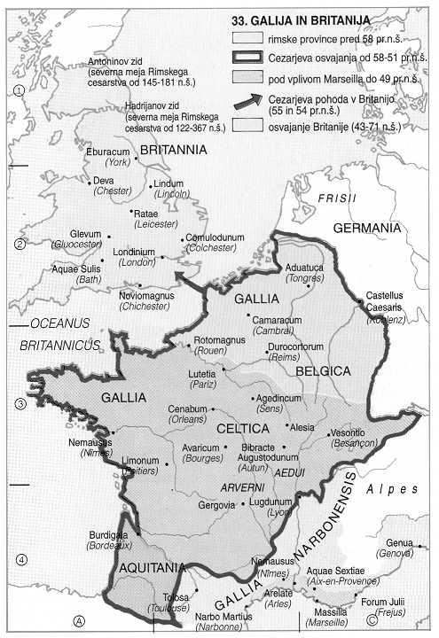 Na zemljevidu (na desni) z različnimi barvami označi 3 najpomembnejše bitke v Vercingetorixovem uporu in kraje, kjer so se dogajale. Vir: Zgodovinski atlas sveta od prazgodovine do danes.