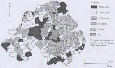 OŠ (9. r.) a) Pred teboj je zemljevid, ki v odstotkih prikazuje prisotnost katoliškega prebivalstva na Severnem Irskem.