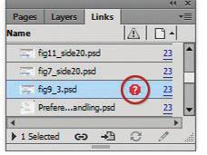Sidstnævnte er markeret, fordi dens boks er aktiveret i dokumentet. Klikker man på Relink-ikonet nederst i panelet (Fig. 5), forsøger InDesign at finde den placerede fil på harddisken.