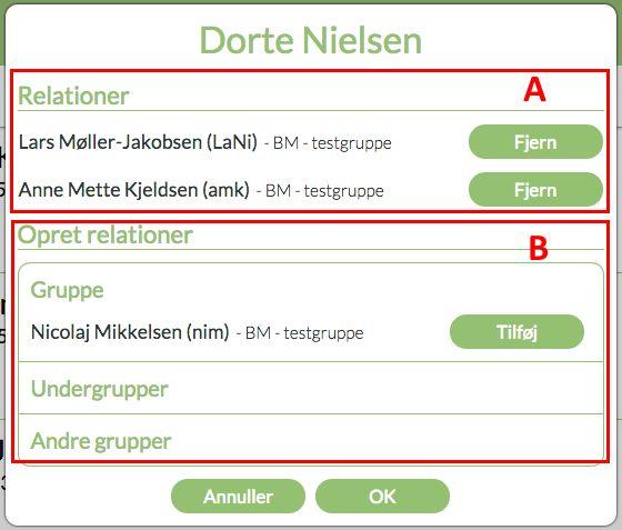 Screenshot 13: Her skal relationer for brugeren Dorte Nielsen opdateres. A. Relationer Viser brugerens relationer til andre brugere i PlaNet.