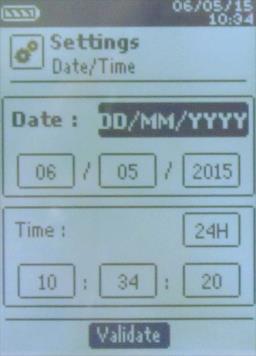 Indstil dato og tid: Vælg Dato/tid med piletasterne og tryk OK. Display for indstilling af dato og tid vises. Vælg Dato med piletasterne og tryk OK.