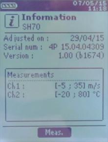 4. Informations menuen KIMO VT210 MP210 HQ210 TM210 8 Information menuen gør det muligt at se informationer om instrumentet, prober og moduler der er