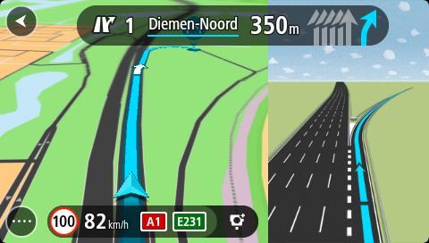 Når du nærmer dig en afkørsel eller et vejkryds, vises den bane, du skal bruge, på skærmen. Tip: Du kan lukke billedet af vejbanen ved at vælge et andet sted på skærmen.