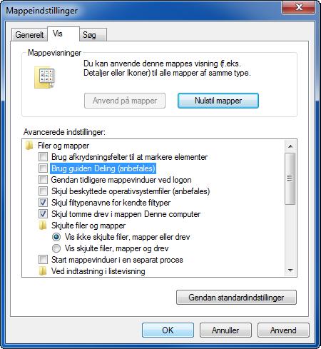 Vælg Kontrolpanel i Start-menuen, Udseende og Personlige indstillinger, og derefter Mappeindstillinger. I Windows XP, klik på Computer og vælg Mappeindstillinger under Funktioner.