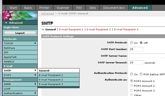 Klargøring inden brug > Embedded Web Server (indstillinger til e-mail) Afsendelse af e-mail Når du har angivet SMTP-indstillingerne, kan du sende billeder, som blev indlæst på denne maskine, som