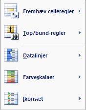 Betinget formatering oprette betinget formatering Excel standardregler Markér de celler, der skal formateres Vælg Betinget formatering på fanen Startside, gruppen Typografier Vælg regeltype