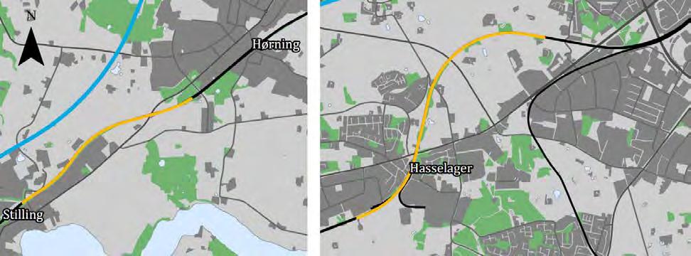 7 Opgradering af eksisterende bane ny og direkte linjeføring, som medfører at et industriområde gennemskæres, med omfattende ekspropriationer i det nordøstlige Stilling til følge.