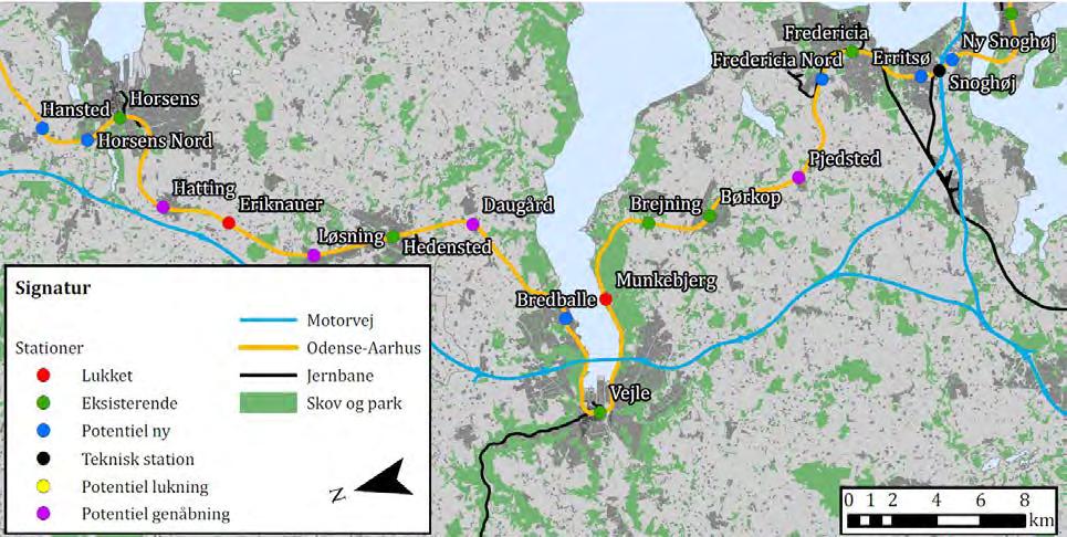 Opgradering af jernbanen mellem Odense og Aarhus Trafikstyrelsen (2008b) har screenet følgende nye stationslokaliteter mellem Snoghøj og Horsens: Erritsø, Fredericia Nord og Bredballe.