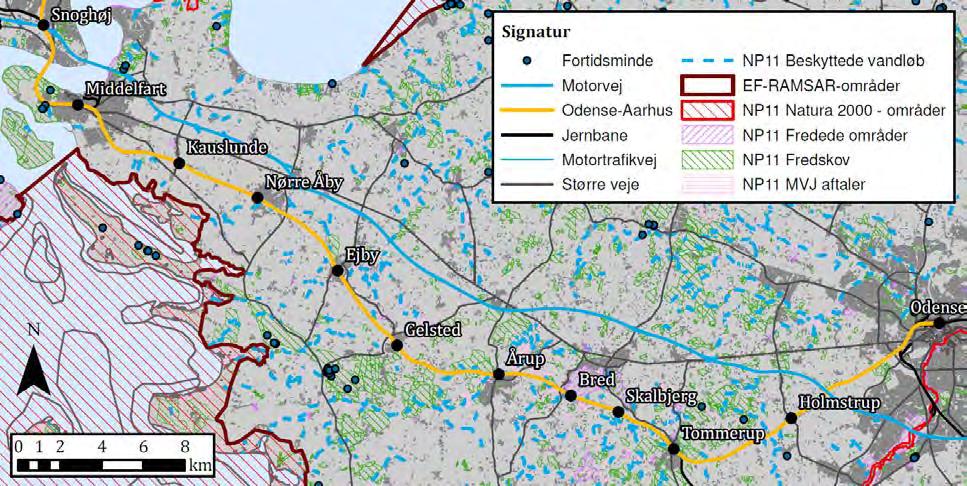 3 Gennemgang af strækningen Odense-Aarhus Figur 3.12 - Fredninger på Vestfyn i henhold til Naturplan 2011. Baseret på data fra (Naturstyrelsen, 2011).
