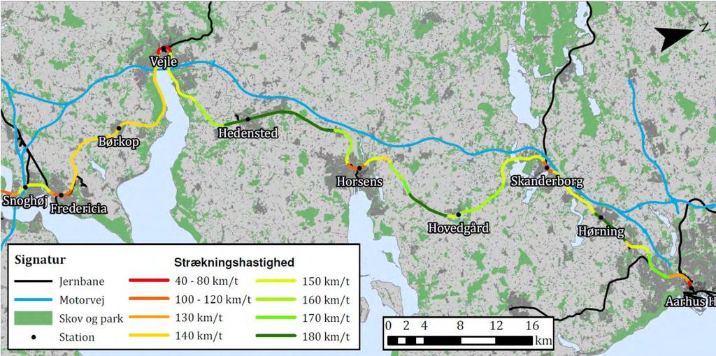 3 Gennemgang af strækningen Odense-Aarhus Mellem Odense og Middelfart opnås altså de største strækningshastigheder for den vestfynske bane, især omkring Kauslunde. 3.5.