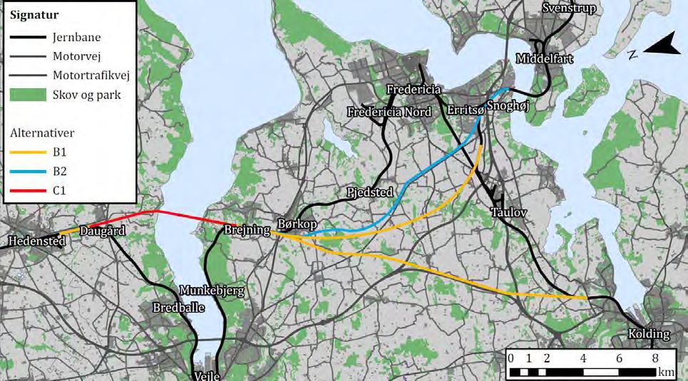 Opgradering af jernbanen mellem Odense og Aarhus Figur 4.5 - Alternativer mellem Snoghøj og Hedensted. Baseret på (Banestyrelsen rådgivning, 1996a) (jf. kildemateriale for større kort). B1.