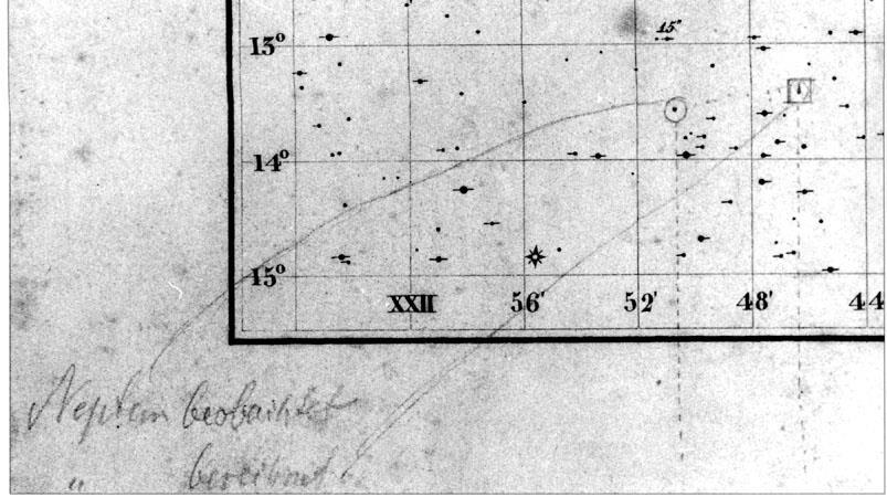 Zgodovinska slika dela zvezdne karte, na kateri je s kvadratkom označena izračunana, s krožcem pa opazovana lega planeta, ko je Galle odkril planet Neptun.