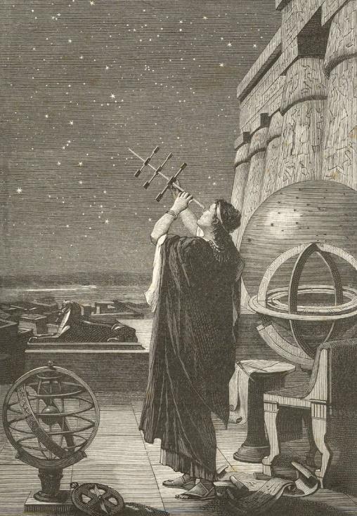 Levo: Notranja naslovnica ene od Flammarionovih knjig, v kateri popularizira astronomijo. Desno. stronomski observatorij v Aleksandriji (zelo znana slika iz njegove Popularne astronomije, 1880).