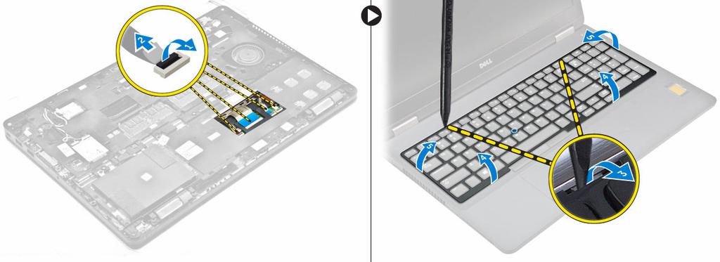 4. For at fjerne tastaturet: a. Fjern skruerne, der fastgør tastaturet til computeren [1]. b. Løft tastaturet og træk i det for at fjerne det computeren [2, 3].