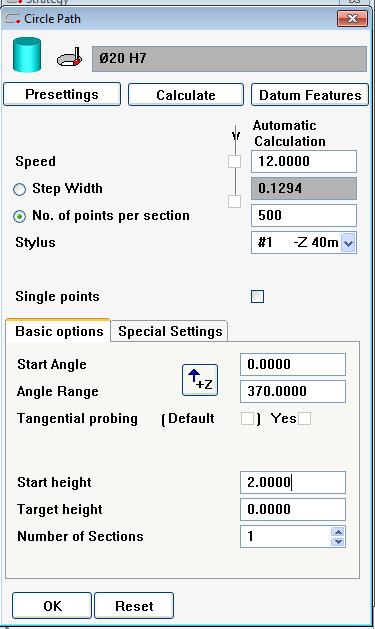 Of points per section Vælg Angle Range i scannede huller min 370 Vælg Start Height min. 2mm i bundhuller (pga. Proben R 1.