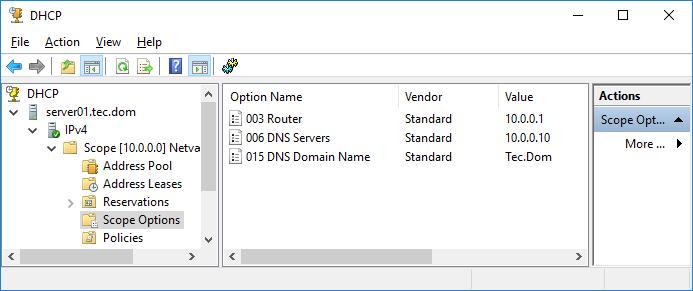 DHCP Server 2016 6 DHCP Server manager Fra programmet DHCP Server Manager kan man konfigurere serveren med nye scopes, rette i scopes, se hvilke adresser