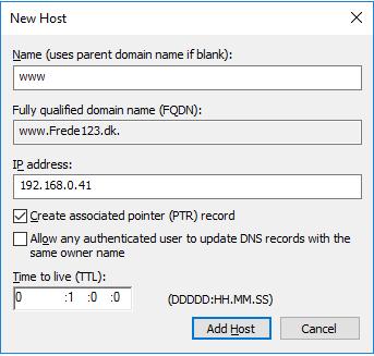 5 DNS server Windows 2016 Oprettelse af nye records til en zone Når man opretter en ny zone, oprettes der normalt 3 records (SOA, NS og A).