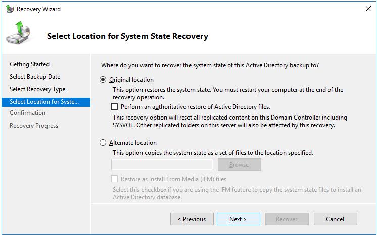 Windows Server Backup 6 Recovery af System state Hvis vi gerne vil genetablerer Active Directory systemet med brugere, grupper, OU
