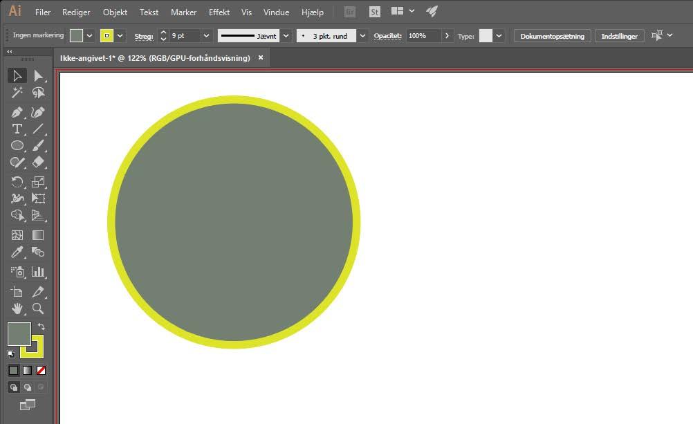 Styring af fyld og streg De to firkanter i venstre side repræsenterer henholdsvis fyld (den grønne farve) og streg (den gule farve). Fyld og streg kan også styres fra Markeringsværktøjets menulinje.