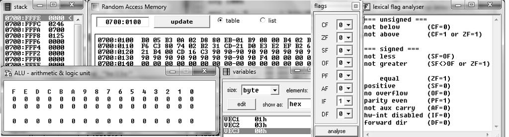 I - 105 Anca Apătean Aspecte de bază în programarea în limbaj de asamblare folosind SIMULATOR DE MICROPROCESOR 8086 În urma execuńiei fiecărei instrucńiuni, se poate urmări modificarea conńinutului