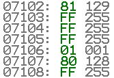 II-171 Anca Apătean Aspecte de bază în programarea în limbaj de asamblare folosind SIMULATOR DE MICROPROCESOR 8086 Zona de memorie va arăta ca mai jos, unde: -127 = FF81h (la adresa 07102h și 07103h)