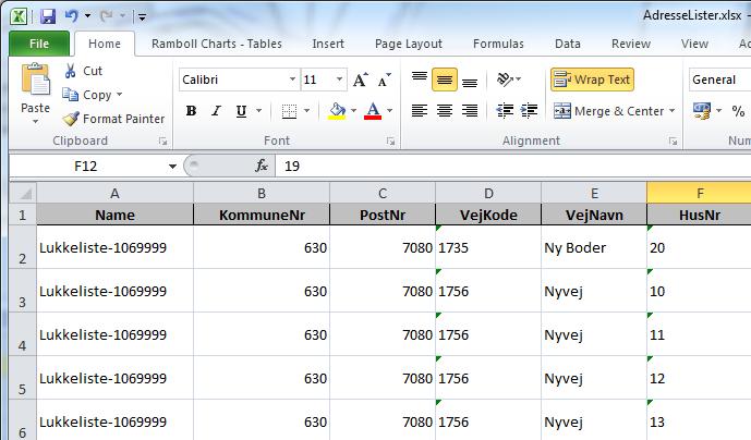 Integration til FAS 7-7 Adresserne kan herefter ses i Rambøll FAS. Exporter adresser til Excel: Indlæg flere brudadresser Anvendes f.eks.