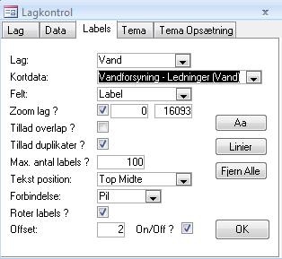 Konstruktion 3-22 3.6.4 Ændre opsætningen af labels I fanebladet labels kan du opsætte, hvorledes teksterne/labels skal fremstå på skærmen: På knappen Aa kan du vælge skrifttype/farve mv.