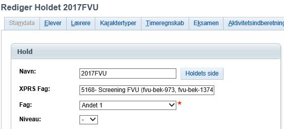 2.2.4. FVU Screening For at indberette FVU screening oprettes et hold med det korrekte FVU Screenings XPRS-fag: Dernæst tilknyttes de pågælende elever til holdet inden for tælleperioden.