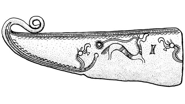 1 1. Man kender også billeder af heste, der trækker solen, fra barberknive fra bronzealderen. Denne barberkniv med en solhest er fundet ved Viborg. Tegning af Bjørn Skårup.