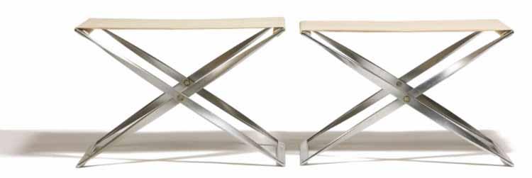 569 569 POUL KJÆRHOLM b. 1929, d. 1980 "PK-91". A pair of folding stools. Frame of chromed steel. Light coloured canvas upholstery. Designed in 1961. Manufactured by E.