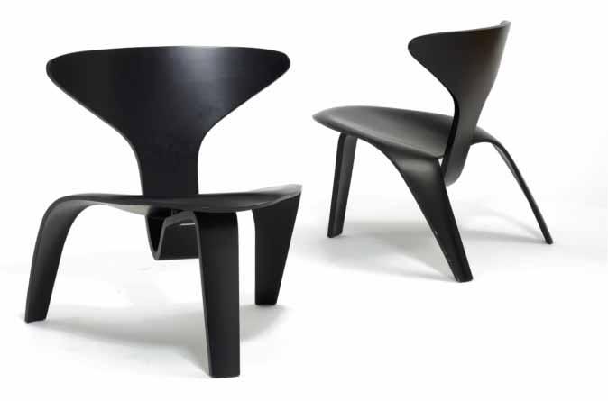 INTERNATIONAL DESIGN 575 575 POUL KJÆRHOLM b. 1929, d. 1980 "PK-0". A pair of easy chairs. Laminated black painted wood. Plate with signature and number 27 and 74 engraved.