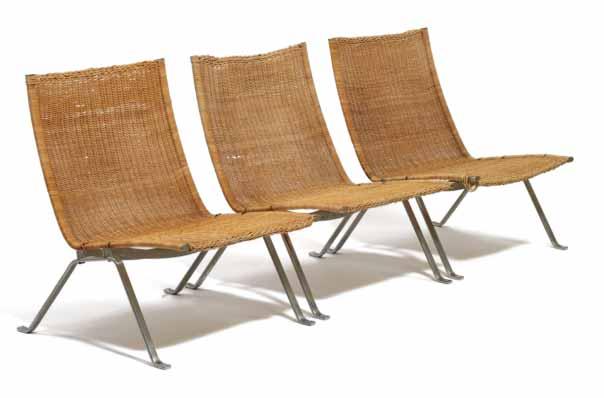 INTERNATIONAL DESIGN 585 585 POUL KJÆRHOLM b. 1929, d. 1980 "PK-22". Three easy chairs. Frame of chromed steel.