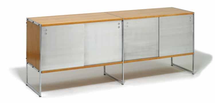 587 587 PREBEN FABRICIUS b. 1931, d. 1984 Low sideboard with frame of chromed steel, body of ash, and four sliding doors of aluminum. Model BO-692. Manufactured by Bo-Ex. H. 69. D. 42. L. 179 cm.