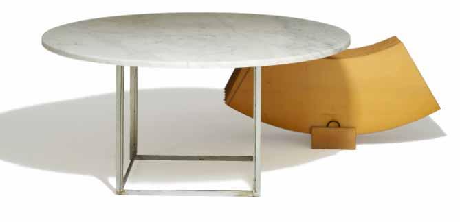 INTERNATIONAL DESIGN 594 594 POUL KJÆRHOLM b. 1929, d. 1980 "PK-54". Circular dining table. Cubus frame of chromed steel. Top of light coloured flint-rolled marble.
