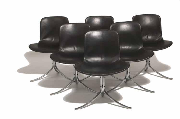 595 595 POUL KJÆRHOLM b. 1929, d. 1980 "PK-9". Six side chairs. Frame of chromed steel. Seat and back upholstered with original patinated black leather.