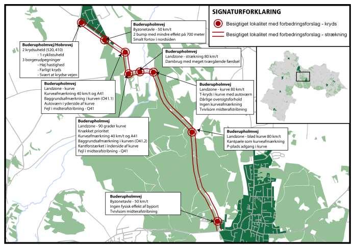 Figur 4 Kort over den besigtigede strækning Buderupholmvej. Forbedringsforslag På sigt bør der etableres cykelsti eller anden cykelfacilitet på strækningen.