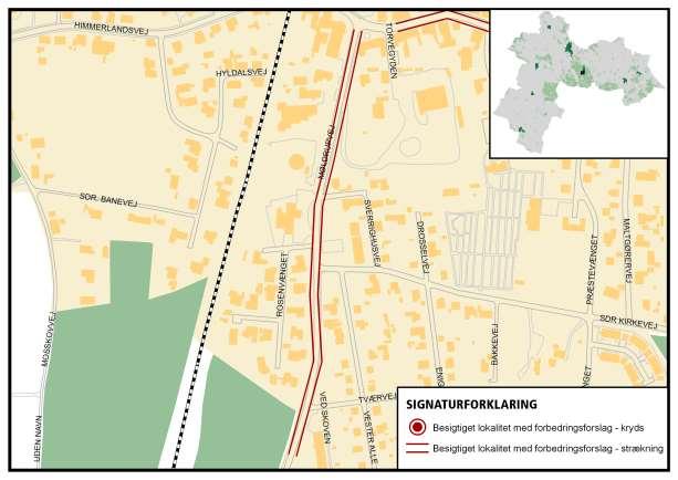 Figur 17 Kort, der viser de besigtigede lokaliteter. Forbedringsforslag De eksisterende byzonetavler bør flyttes til det første bump, hvilket bør understøtte markeringen af byzonen yderligere.