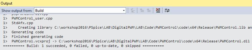 Åbn projektet C:\workshop2016\PSpice\LAB\DigitalPWM\LAB\Code\PWMControl\code\PWMC ontrol.vcxproj c. Når projektet er åbent, sæt følgende build parametre til Release og x64: d. e. Herefter testes at projektet kan bygges uden fejl f.