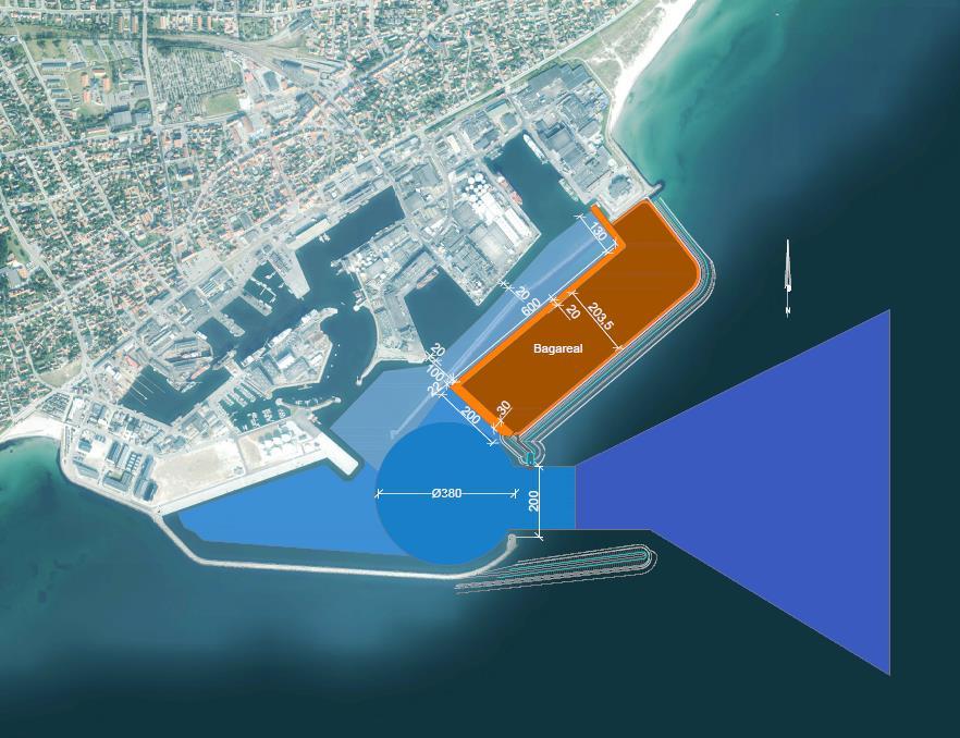 12 VVM-REDEGØRELSE OG MILØVURDERING FOR ETAPE 3 UDVIDELSE AF SKAGEN HAVN Den nye havnemunding udføres med 200 m bredde. Den eksisterende Sydmole fra etape 2 udvidelsen forlænges med ca.